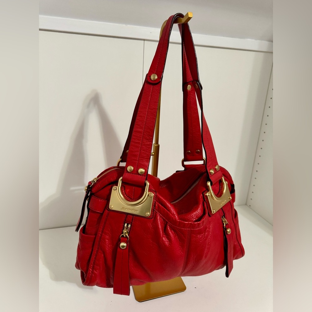 B. Makowsky‎ Red Pebbled Leather Shoulder Bag, Gold-Tone Hardware MINT CONDITION